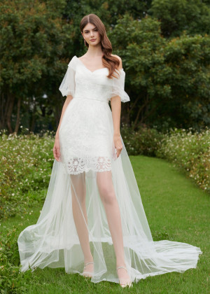 Off Shoulder Ivory Lace Tulle Garden Wedding Dress